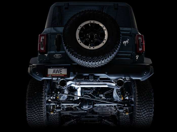 AWE Tuning 2021+ Ford Bronco 0FG Dual Rear Exit Exhaust w/Diamond Black Tips & Bash Guard available at Damond Motorsports