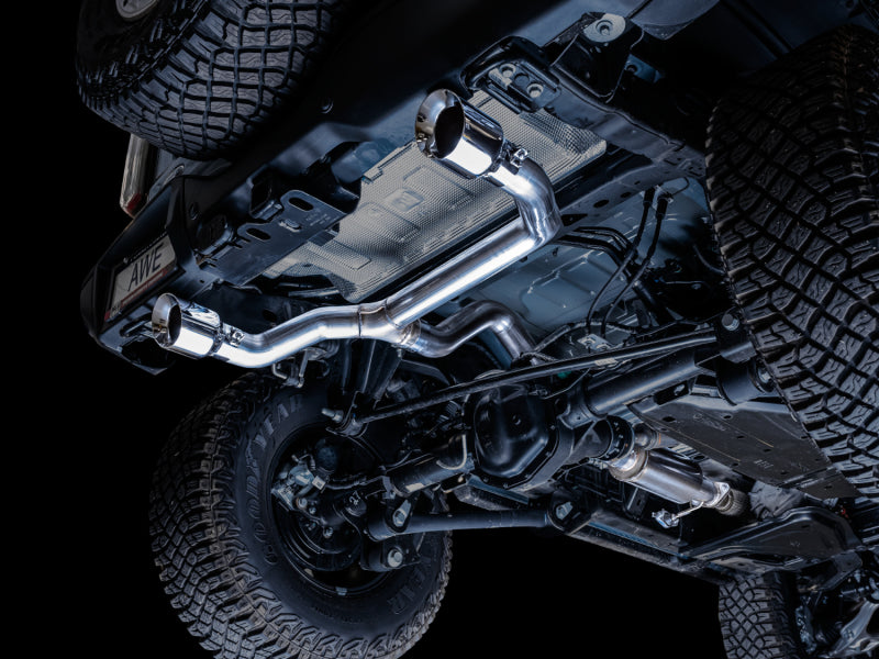 AWE Tuning 2021+ Ford Bronco 0FG Dual Rear Exit Exhaust w/Chrome Silver Tips & Bash Guard available at Damond Motorsports