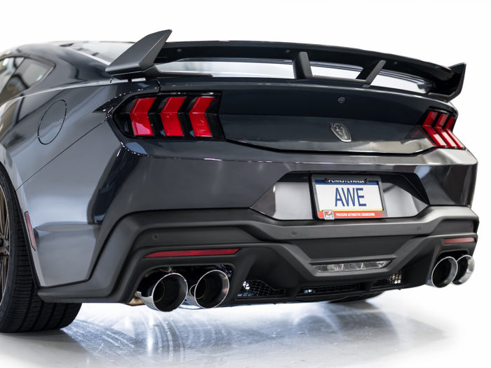 AWE 2024 Ford Mustang Dark Horse S650 RWD Track Edition Catback Exhaust w/ Quad Chrome Silver Tips available at Damond Motorsports