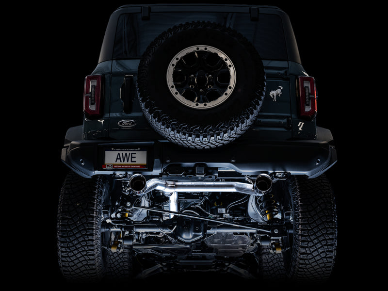 AWE Tuning 2021+ Ford Bronco 0FG Dual Rear Exit Exhaust w/Chrome Silver Tips & Bash Guard available at Damond Motorsports