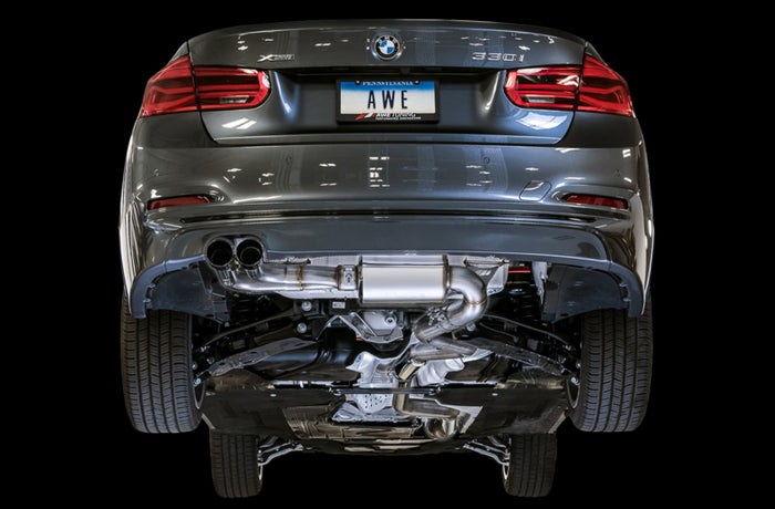 AWE Tuning BMW F3X N20/N26 328i/428i Touring Edition Exhaust Quad Outlet - 80mm Chrome Silver Tips available at Damond Motorsports