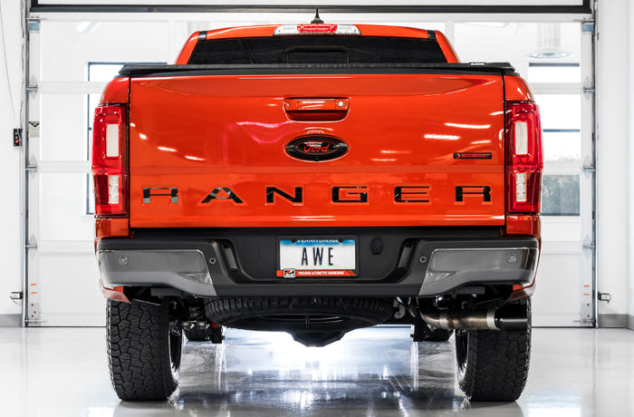 AWE Tuning 2019+ Ford Ranger 0FG Performance Exhaust System w/Diamond Black Tips & Rock Guard available at Damond Motorsports