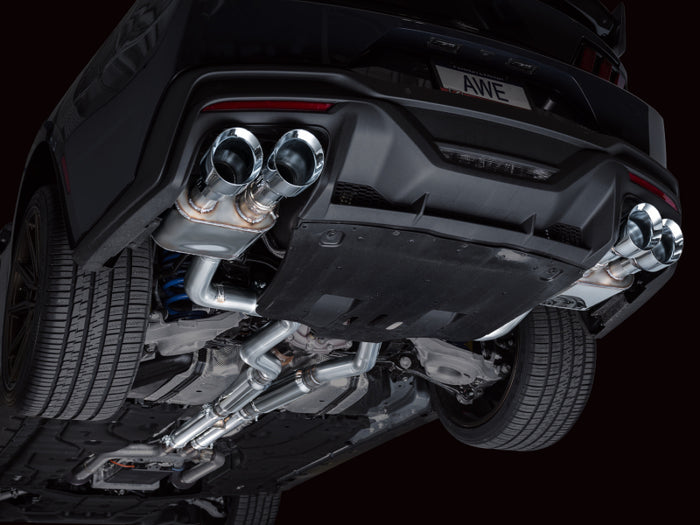 AWE 2024 Ford Mustang Dark Horse S650 RWD SwitchPath Catback Exhaust w/ Quad Chrome Silver Tips available at Damond Motorsports