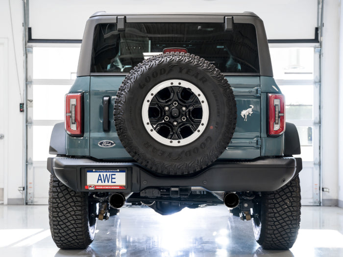 AWE Tuning 2021+ Ford Bronco 0FG Dual Rear Exit Exhaust w/Diamond Black Tips & Bash Guard available at Damond Motorsports
