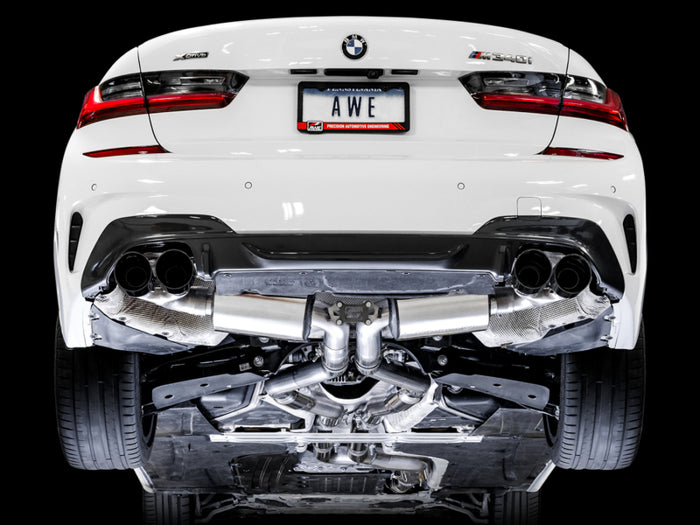 AWE Tuning 2019+ BMW M340i (G20) Resonated Touring Edition Exhaust - Quad Diamond Black Tips available at Damond Motorsports