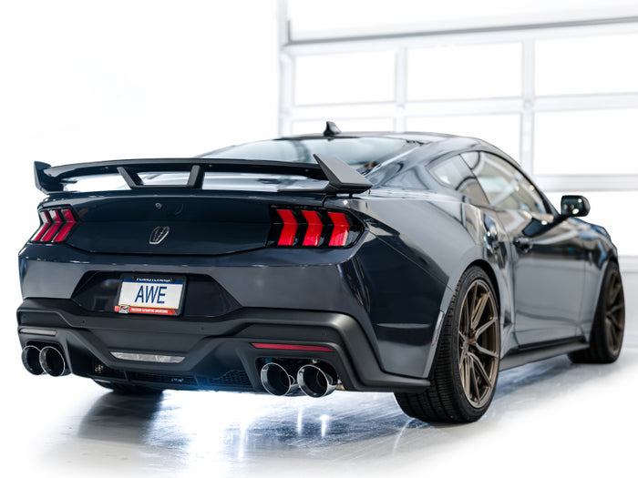 AWE 2024 Ford Mustang Dark Horse S650 RWD SwitchPath Catback Exhaust w/ Quad Chrome Silver Tips available at Damond Motorsports