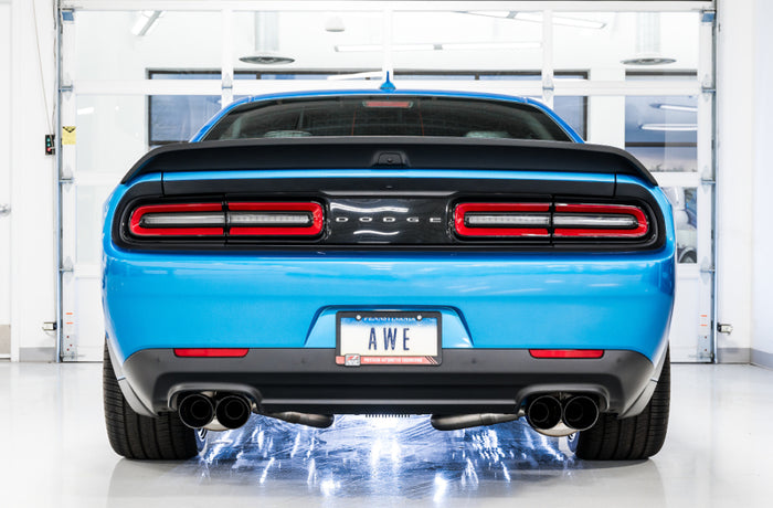 AWE Tuning 2015+ Dodge Challenger 6.4L/6.2L SC Track Edition Exhaust - Quad Diamond Black Tips available at Damond Motorsports