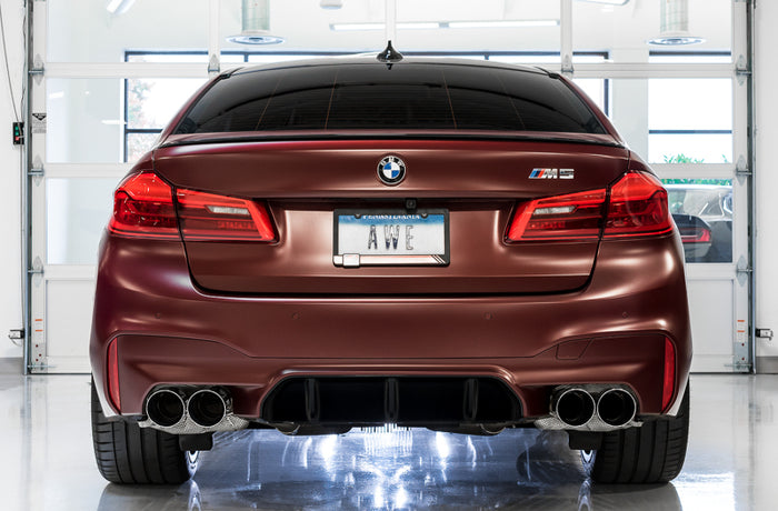 AWE Tuning 18-19 BMW M5 (F90) 4.4T AWD Cat-back Exhaust - Track Edition (Chrome Silver Tips) available at Damond Motorsports