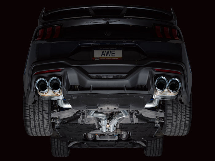 AWE 2024 Ford Mustang Dark Horse S650 RWD SwitchPath Catback Exhaust w/ Quad Chrome Silver Tips available at Damond Motorsports
