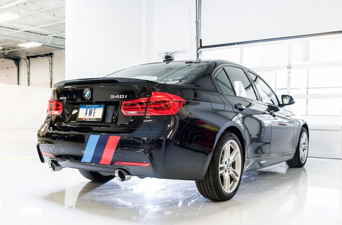 AWE Tuning BMW F3X 340i Touring Edition Axle-Back Exhaust - Diamond Black Tips (102mm) available at Damond Motorsports