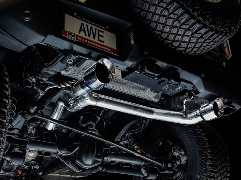 AWE Tuning 2021+ Ford Bronco 0FG Dual Rear Exit Exhaust w/Chrome Silver Tips & Bash Guard available at Damond Motorsports