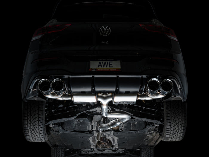 AWE MK8 Volkswagen Golf R 3in Touring Edition Quad Exhaust - Chrome Silver Tips available at Damond Motorsports