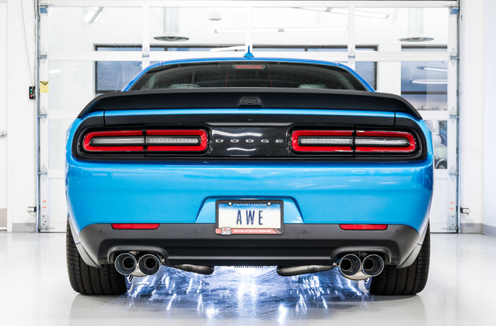 AWE Tuning 2015+ Dodge Challenger 6.4L/6.2L SC Track Edition Exhaust - Quad Chrome Silver Tips available at Damond Motorsports