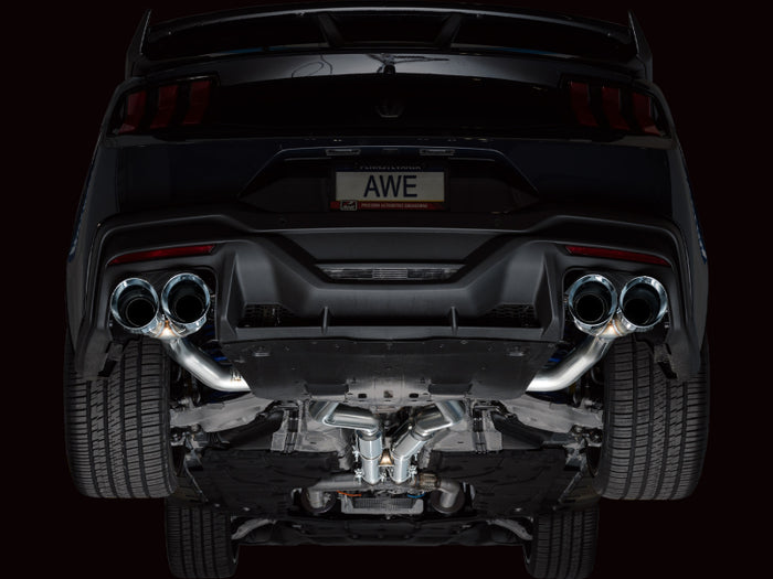 AWE 2024 Ford Mustang Dark Horse S650 RWD Track Edition Catback Exhaust w/ Quad Chrome Silver Tips available at Damond Motorsports