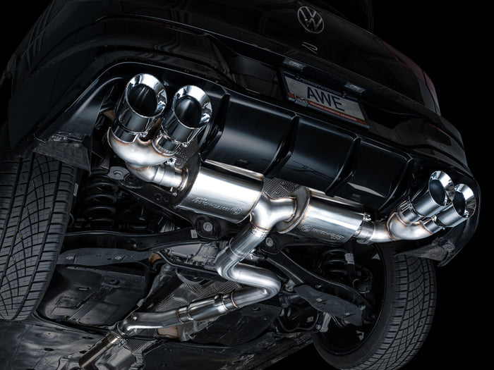 AWE MK8 Volkswagen Golf R 3in Touring Edition Quad Exhaust - Chrome Silver Tips available at Damond Motorsports