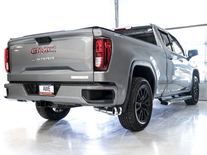 AWE Tuning 4th Gen GM 1500 5.3L 0FG Catback Dual Side Exit (Flat Bumper) - Chrome Tips available at Damond Motorsports