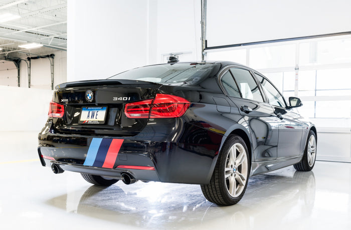 AWE Tuning BMW F3X 340i Touring Edition Axle-Back Exhaust - Chrome Silver Tips (102mm) available at Damond Motorsports